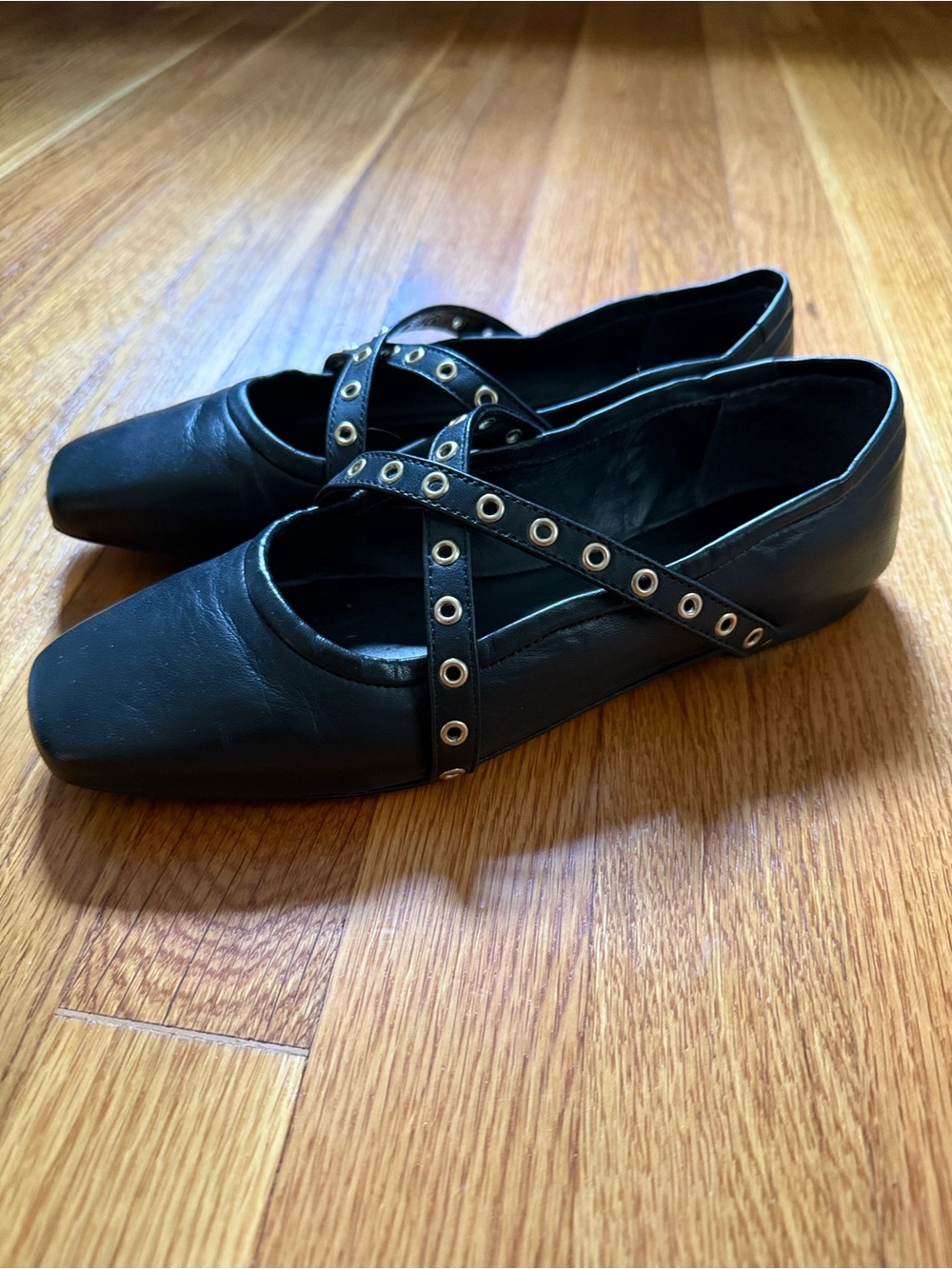 RAYE Black Eyelet Cross-Strap Flats
